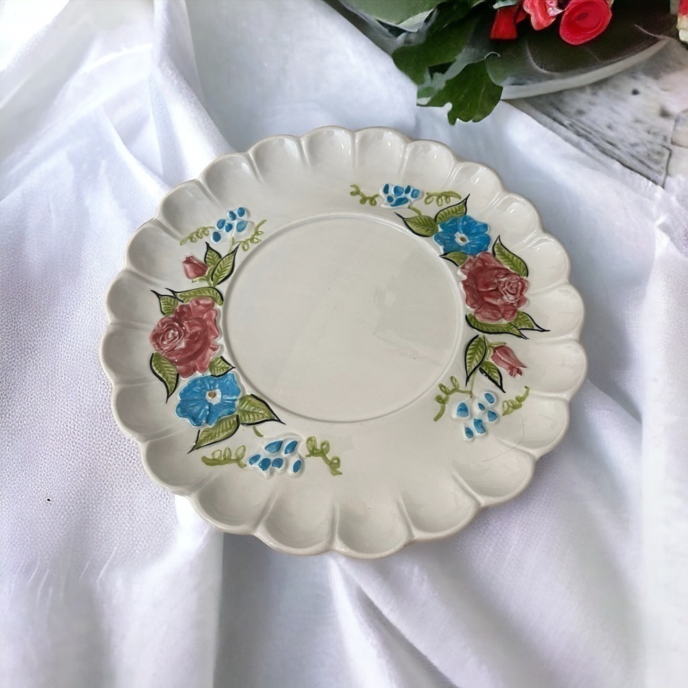 Vintage Ceramic California Floral Pink Rose Platter 13 Inches Scalloped Edges - Picture 2 of 6